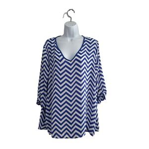 NWOT Kiara Royal Blue/White 3/4 Sleeve Chevron‎ Print Hi Low Top XL (Flaw)